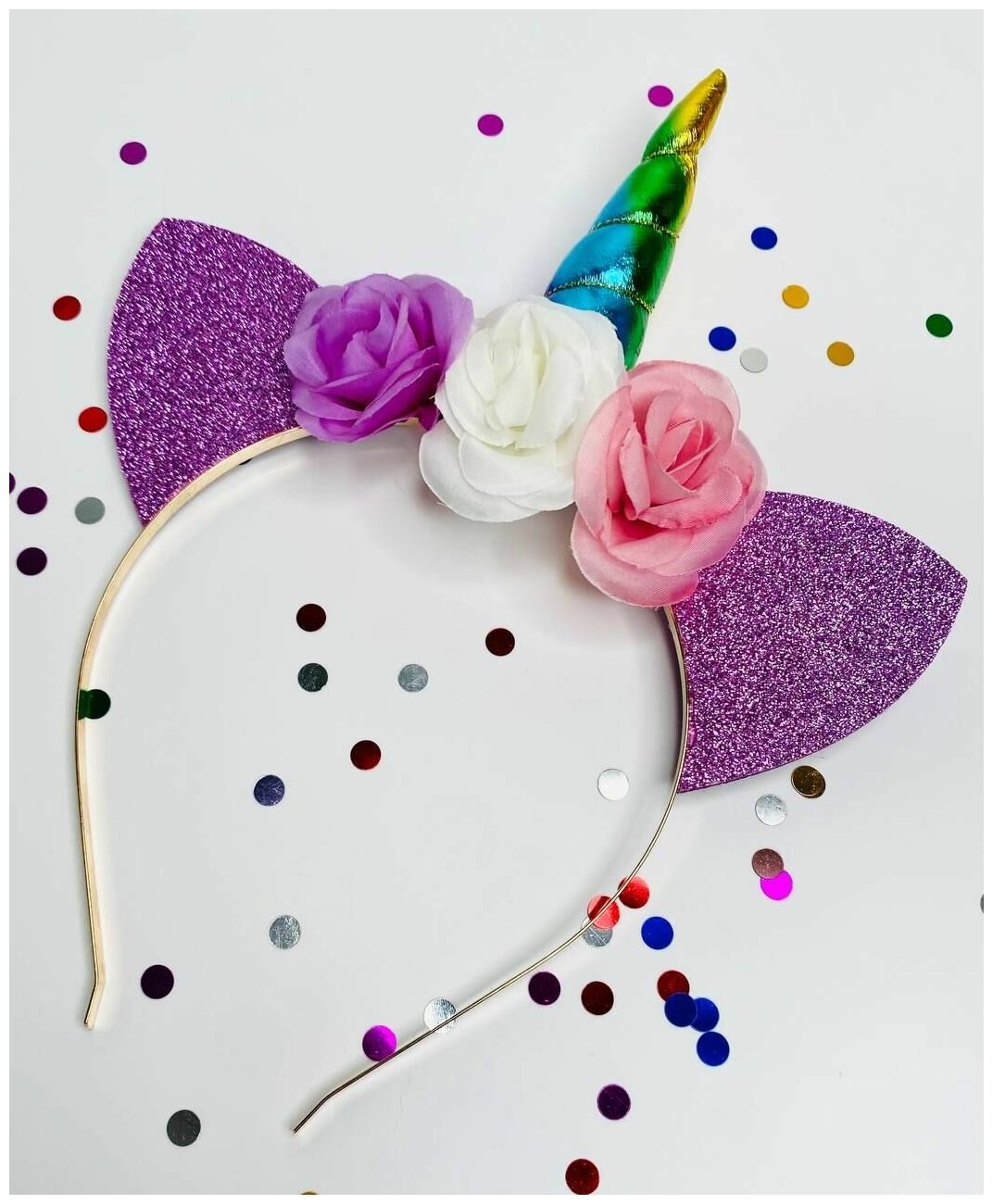 Праздничный Ободок для волос детский с ушками радужным единорог, фиолетовый блестящий с радужным рогом с цветами