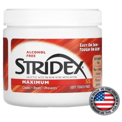 Stridex, Одношаговое средство от угрей, максимальная сила, без спирта, 55 мягких салфеток
