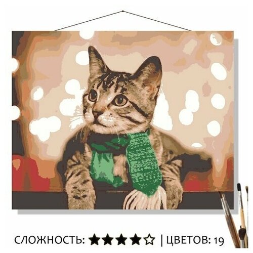 Картина по номерам на холсте 50*40 Зелёный шарфик и котик