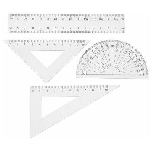 Набор чертежный 4 предмета линейка 15 см треугольник11 см 30и 5 см 45 транспортир прозрачный 414₽