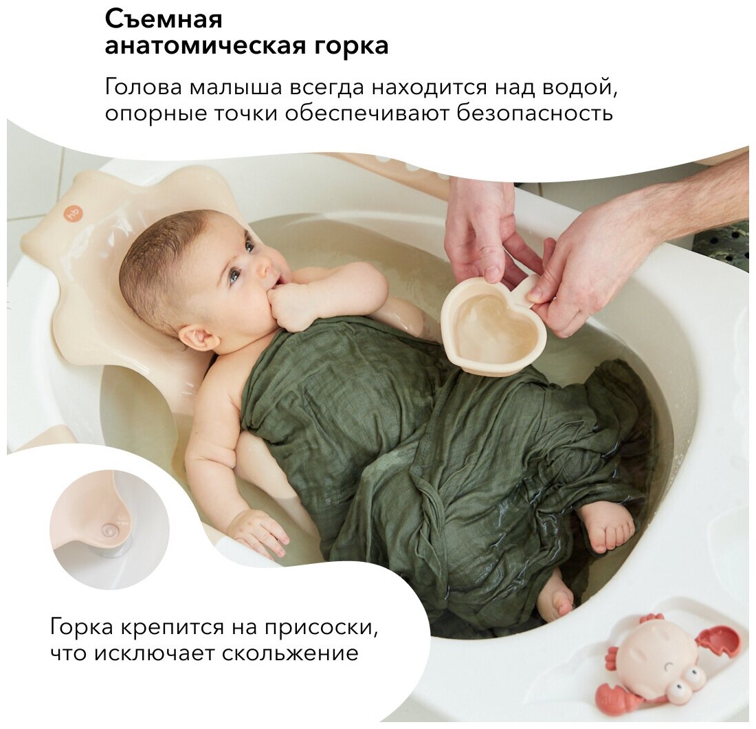 34005, Ванночка детская Happy Baby для купания Bath Comfort, 40л, съемная горка, со сливом, ванна детская бежевый, песочный