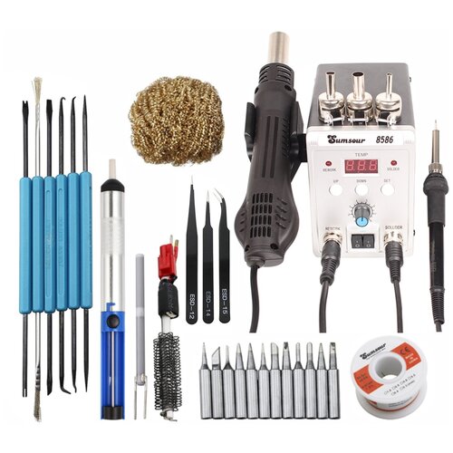 Паяльная станция термофен фен 8586 220В с феном 700Вт и паяльником 60Вт с регулировкой инструментами сменными насадками для SMD компонентов 527700₽