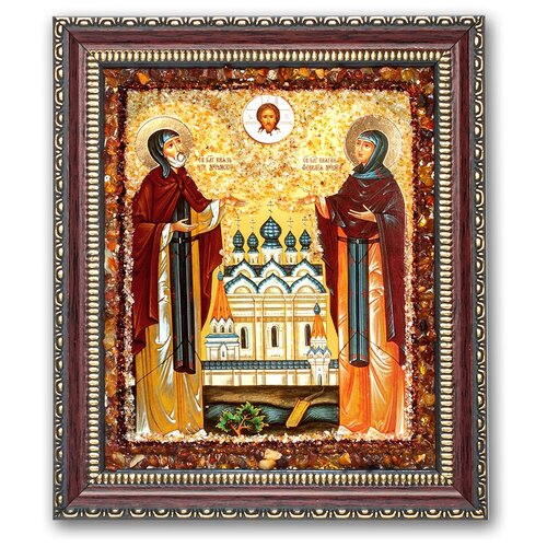 Икона святые Петр и Феврония янтарная выкладка икона святые петр и феврония с голубкой янтарная выкладка
