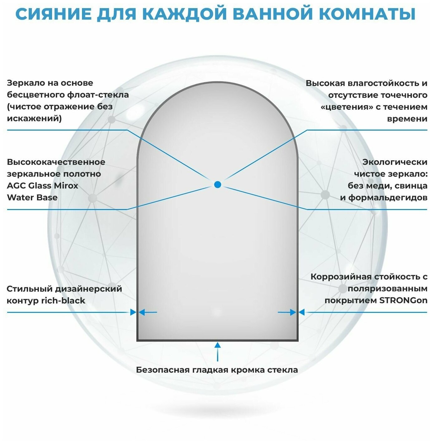 Влагостойкое арочное зеркало Wellsee 7 Rays' Spectrum 172201680, размер 60 х 90 см, с тонким черным матовым контуром - фотография № 3