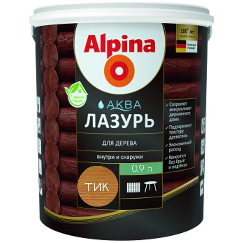 Лессирующий антисептик Alpina Аква Лазурь для дерева цветная, Тик, 0,9 л