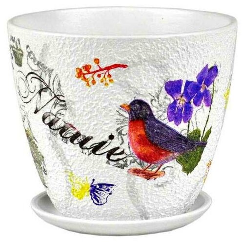 Горшок для цветов керамический с поддоном Бутон Декупаж 2л (DK-02-2) + Дренаж керамзит 1л