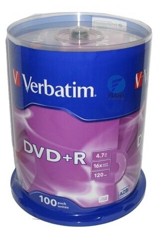 Оптический диск DVD+R диск Verbatim 4,7Gb 16x 100шт. CakeBox (43551)