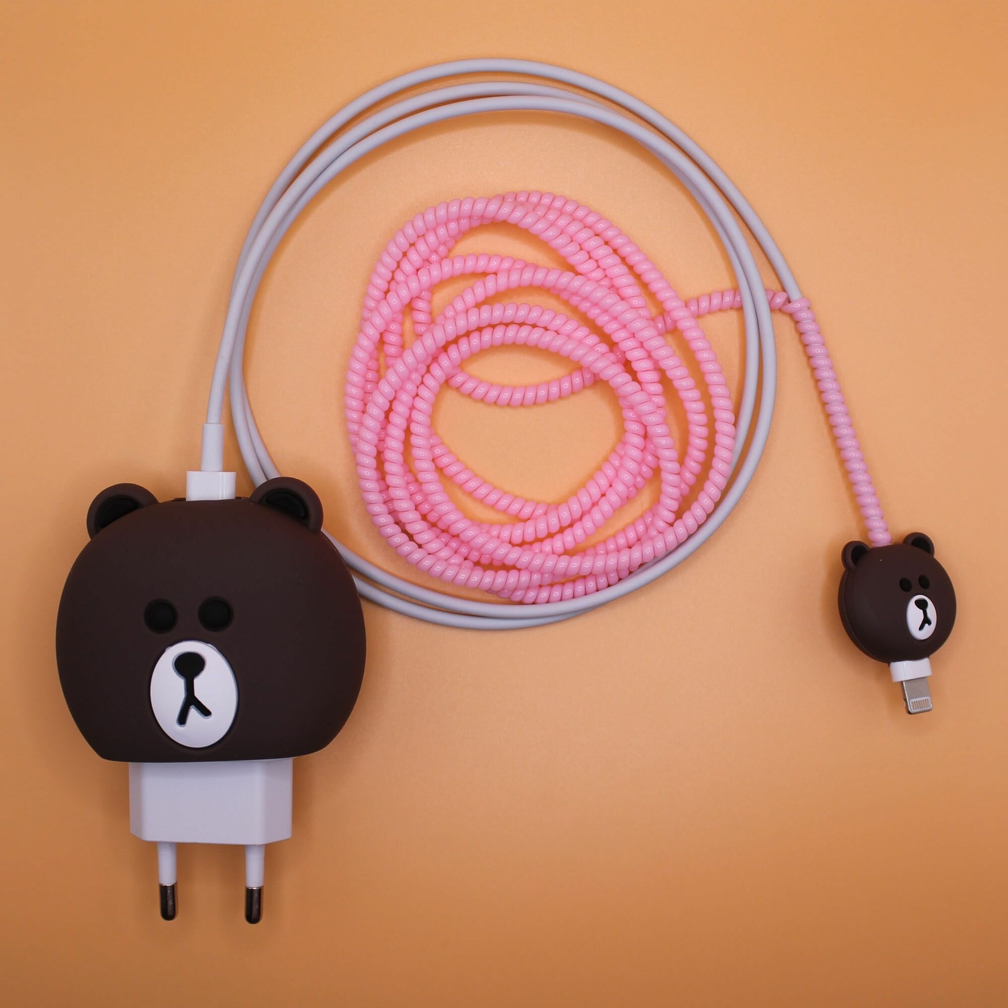 Комплект с обмоткой-спиралью для кабеля и защитный чехол для зарядки / защита кабеля от излома / Медвежонок (розовый)