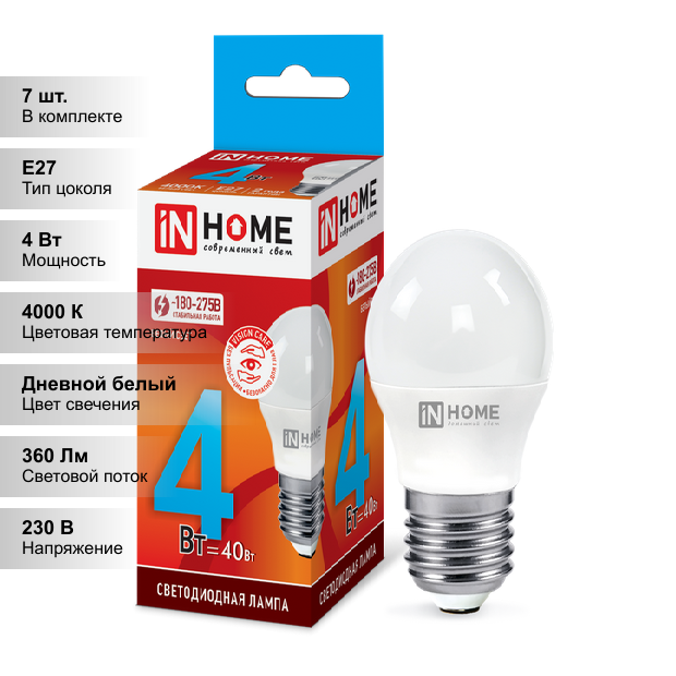 (7 шт.) Светодиодная лампочка IN HOME P45 4Вт 230В 4000К Е27