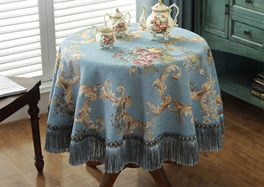 Круглая шенилльная скатерть с кисточками 140cm round, blue