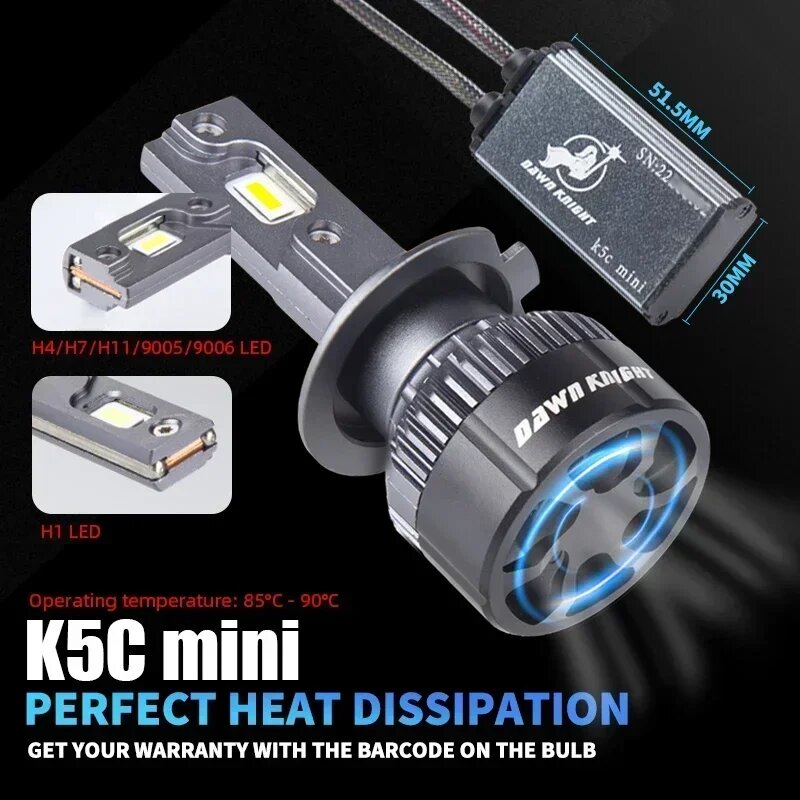 DAWNKNIGHT K5C Mini 40W H7 H4 Long Life Version Светодиодная лампа для фар 4300K K6C Led HB3 H11 Лампа H1 HB4 Светодиодные фонари для автомобиля 12 В, 6000K, H7 — фото 1