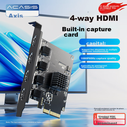 Изображение товара Acasis 4-Channel HDMI Internal PCIe Capture Card Compatible with Cameras, DSLR, Mirrorless Cameras, VMix Video Live Streaming, Conference, Online Teaching, And Broadcasting Multi-Channel Recording Card AC-4HDMI