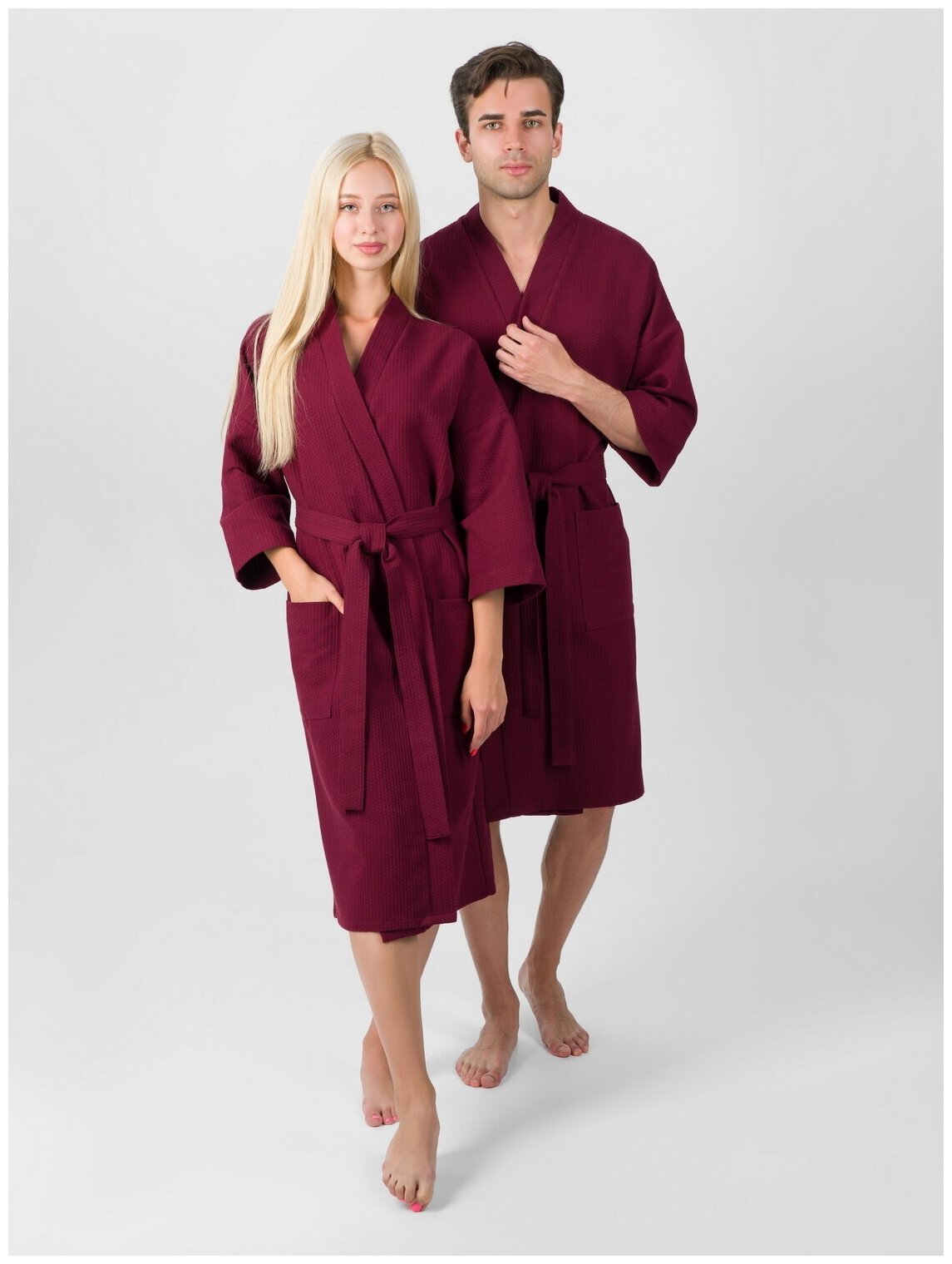 Вафельный халат Кимоно унисекс "Ромбы", бордовый. Размер 50-52 - фотография № 1
