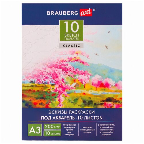 Папка для акварели С эскизом большая А3 10 л. 200 г/м2 297х420 мм BRAUBERG 110065, 3 шт