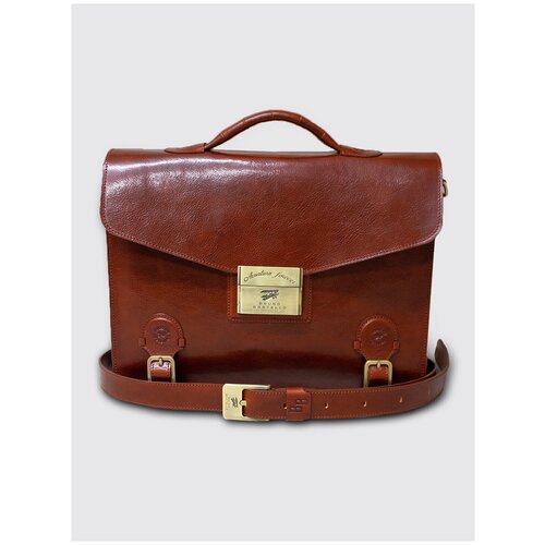 Портфель Bruno Bartello, натуральная кожа, под рептилию, на молнии, на защелке, карман для планшета, отделение для ноутбука, с плечевым ремнем, коричневый