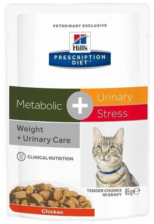 Влажный диетический корм для кошек Hill's Prescription Diet Metabolic, Urinary Stress Feline при профилактике цистита, вызванного стрессом и способствует снижению и контролю веса, с курицей 85г х 12 шт