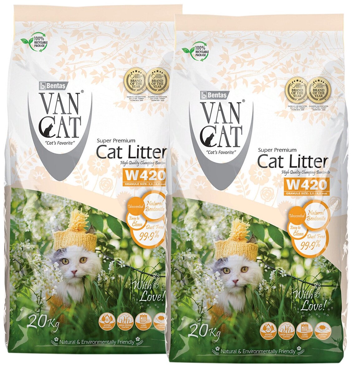 VAN CAT NATURAL наполнитель комкующийся для туалета кошек 100 % Натуральный (20 + 20 кг) - фотография № 1