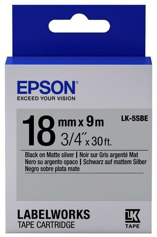 Epson Лента термотрансферная (наклейка) Epson C53S655013 LK-5SBE, 18 мм * 9 м, черный/серебряный