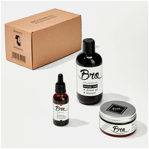 BROCOSMETICS Набор мужской косметики №5.4 // помада для укладки волос, масло для бороды, шампунь-гель для душа 2в1, брендированная коробка