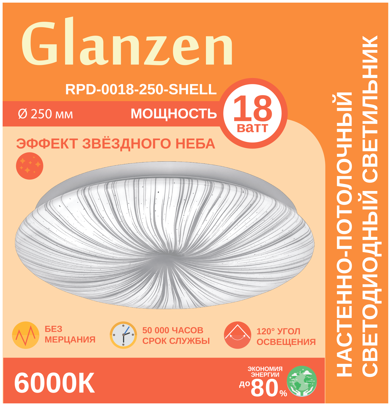 Светодиодный настенно-потолочный светильник GLANZEN 18Вт RPD-0018-250-SHELL IP20 6000К