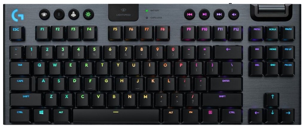 Клавиатура игровая Logitech G915 TKL Carbon [920-009536] черная, беспроводная, механическая (GL Clicky), тонкий корпус, 95 клавиш (8 дополнительных), без цифрового блока, колесо прокрутки, RGB-подсветка, подключение USB или Bluetooth, кабель 1,8м