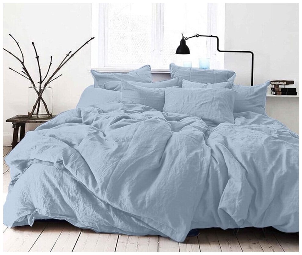 Комплект постельного белья, Cheery home, перкаль однотонный, 1,5 спальный жатка, голубой. - фотография № 1