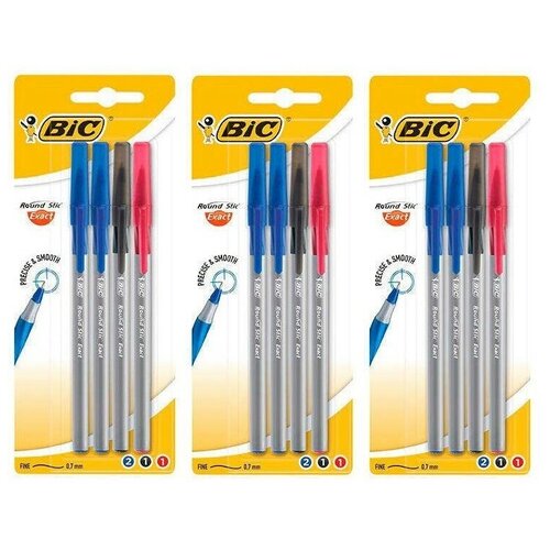 Bic Набор шариковых ручек Round Stic Exact 3 цвета, 4 шт