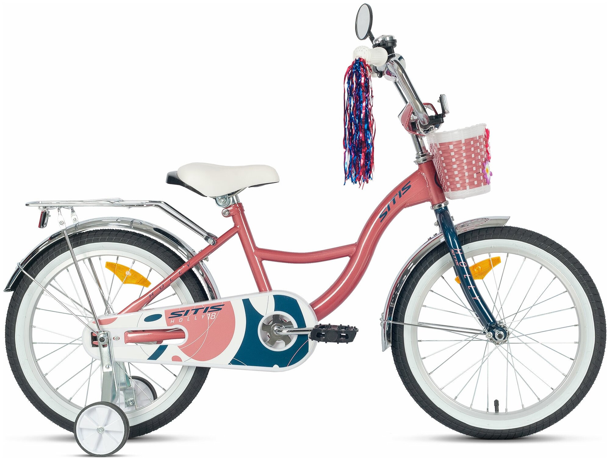 Велосипед детский SITIS HOLLY 18 (2022) для детей от 4 до 6 лет стальная рама с защитой цепи, звонком, корзиной, багажником, крыльями, 1 скорость, ножной тормоз, розовый цвет для роста 115-130