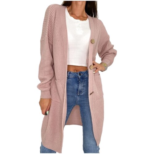 Кардиган Sofi Sweet, шерсть, длинный рукав, прямой силуэт, удлиненный, карманы, трикотаж, вязаный, размер 42-48, розовый