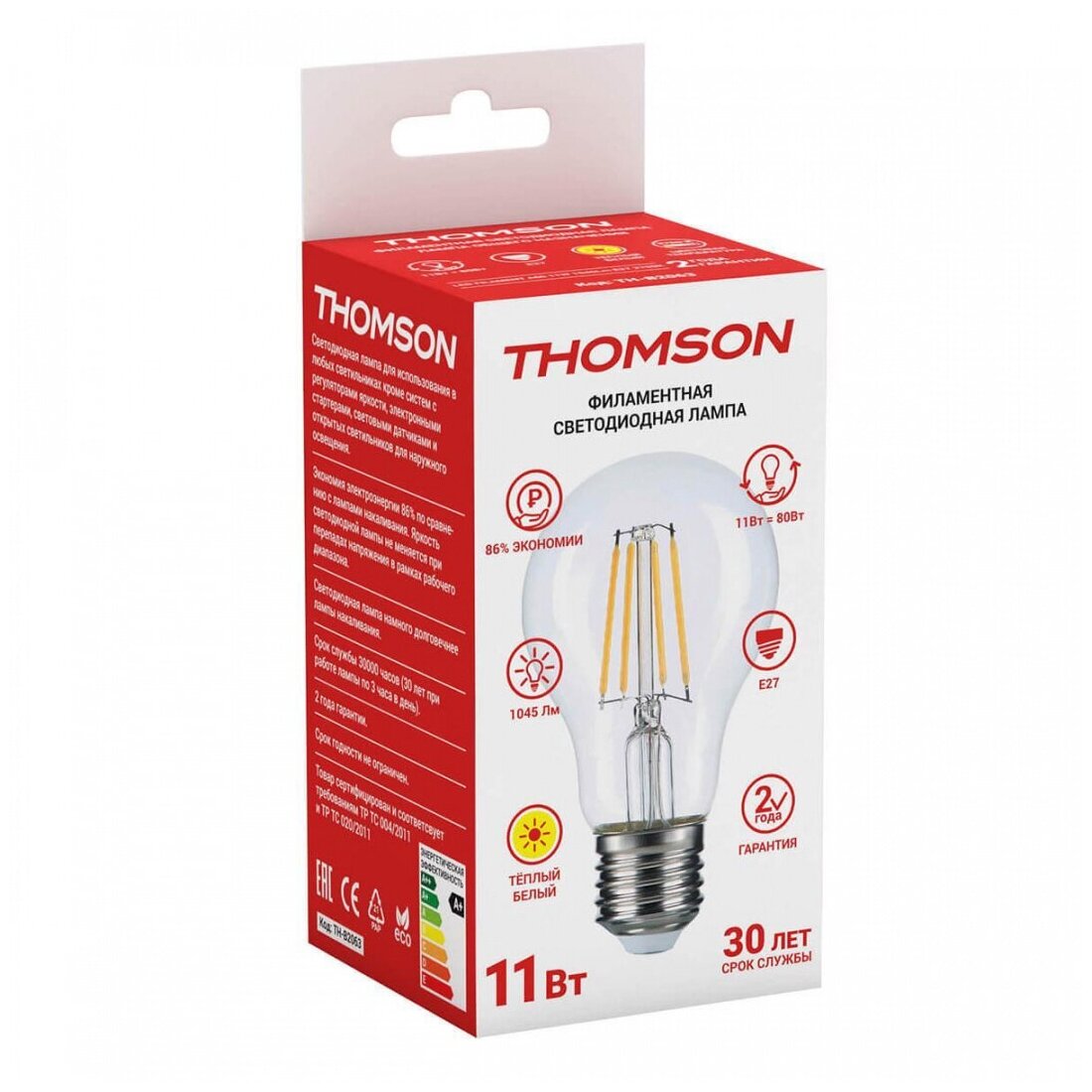 THOMSON Лампа светодиодная LED FILAMENT A60 11W 1045Lm E27 2700K TH-B2063