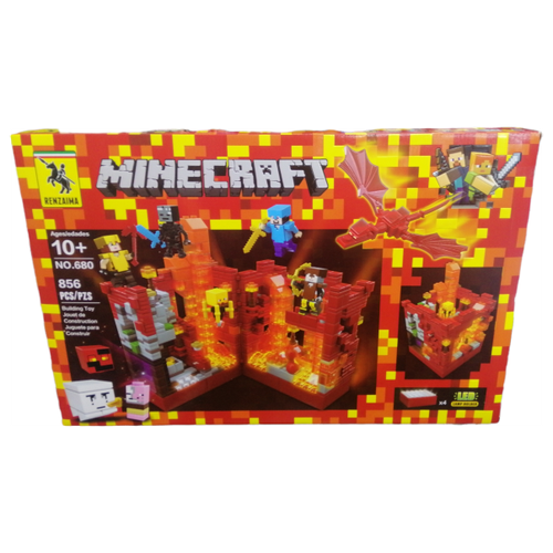 Майнкрафт конструктор детский светящийся Оранжевый 856 деталей. конструктор игрушка нападение на огненную крепость тьмы для детей