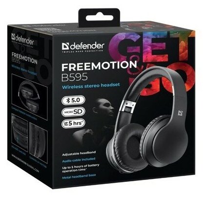 Наушники Defender FreeMotion B595 беспроводные, с микрофоном, Micro-USB, Bluetooth, черный