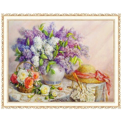 Алмазная мозаика на подрамнике 40x50 см / Алмазная вышивка / полная выкладка / круглые стразы / Сирень и розы