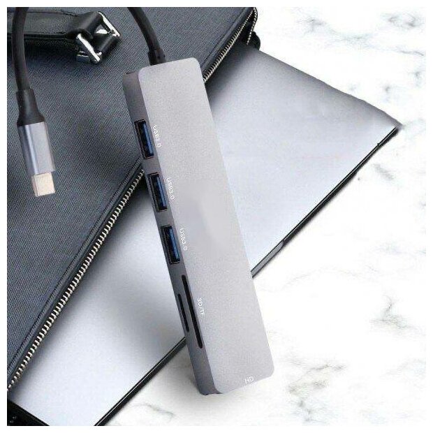 Адаптер переходник 6 в 1 для ноутбука Macbook / Разветвитель USB-C HUB 3.0 / USB-C to HD + 3USB 3.0 + SD Card Reader + TF Card