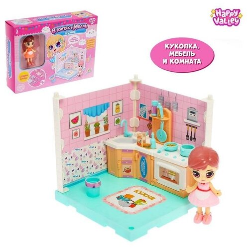 фото Пластиковый домик для кукол «в гостях у молли» кухня, с куклой и аксессуарами happy valley
