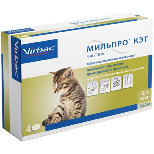 антигельминтик для котят virbac мильпро кэт 4 таб в упаковке Мильпро КЭТ антигельминтик для кошек маленьких пород и котят весом от 0,5 до 2 кг уп. 4 таблетки (1 уп)