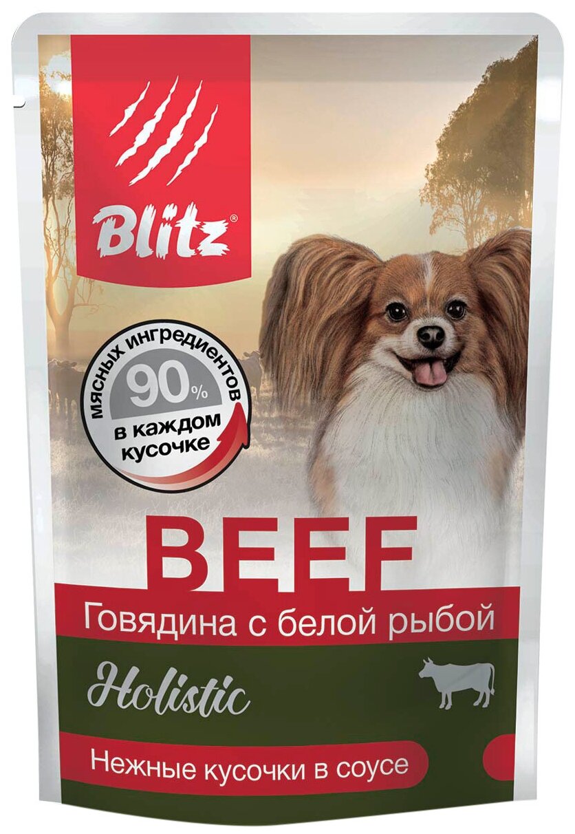 BLITZ DOG Holistic BEEF говядина/белая рыба, для собак мелких пород, кусочки в соусе, 24 шт. по 85 гр.