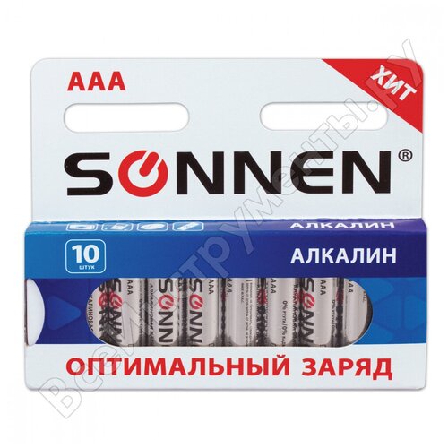 Батарейки SONNEN Alkaline, AAA (LR03, 24А), алкалиновые, комплект 10 шт, в коробке