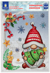 Наклейка для окон двусторонняя, многоразовая, 30х38 см, "Рождественский Гном", золотая сказка, 592137