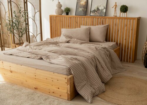 Изображение товара Простынь UTRO из вареного хлопка, Бежевая клетчатая, Односпальная без резинки, 150х230