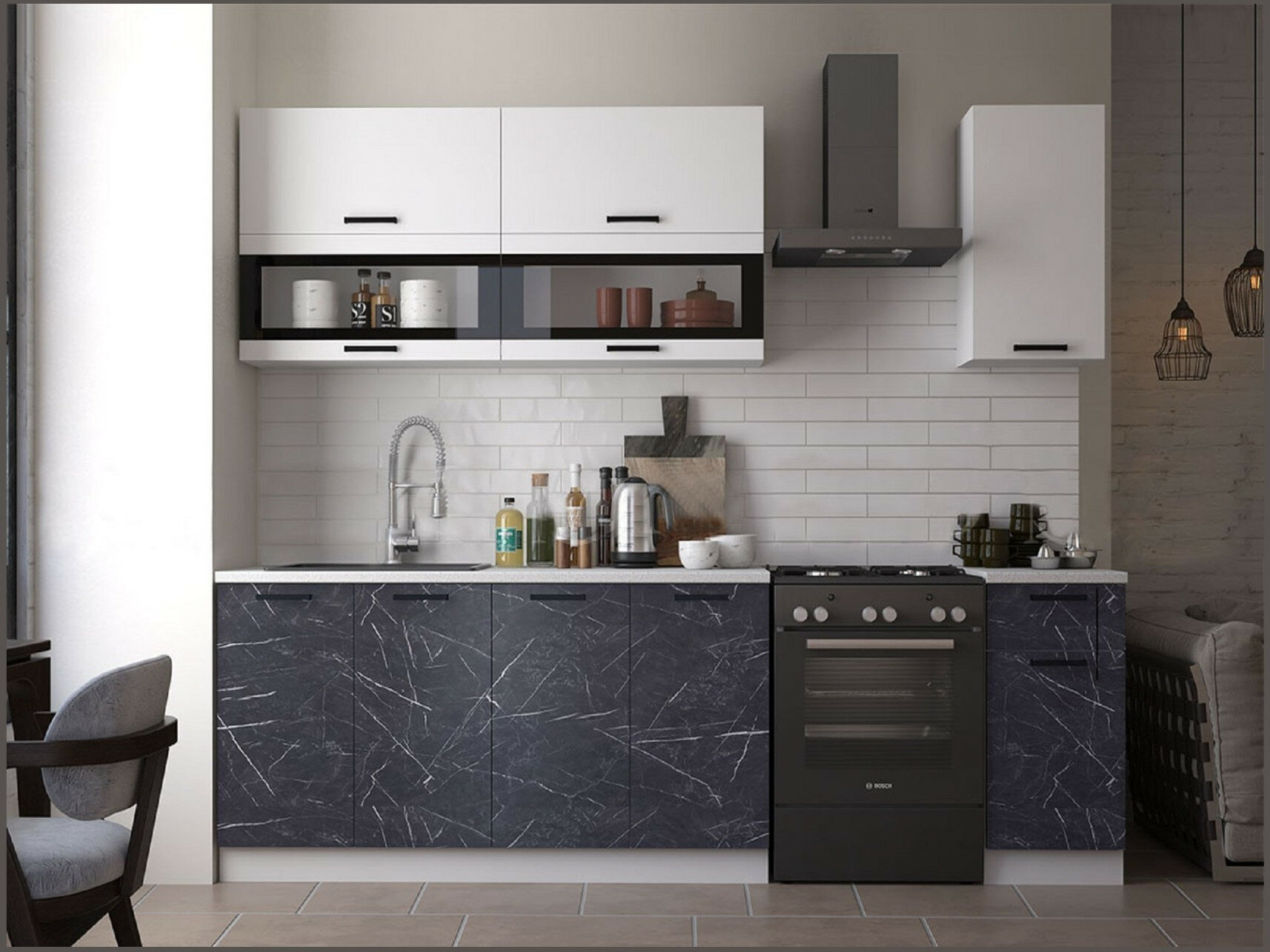 Кухня МДФ Техно 2000 Компоновка №2 (Белый, Белый глянец холодный/Мрамор темный)