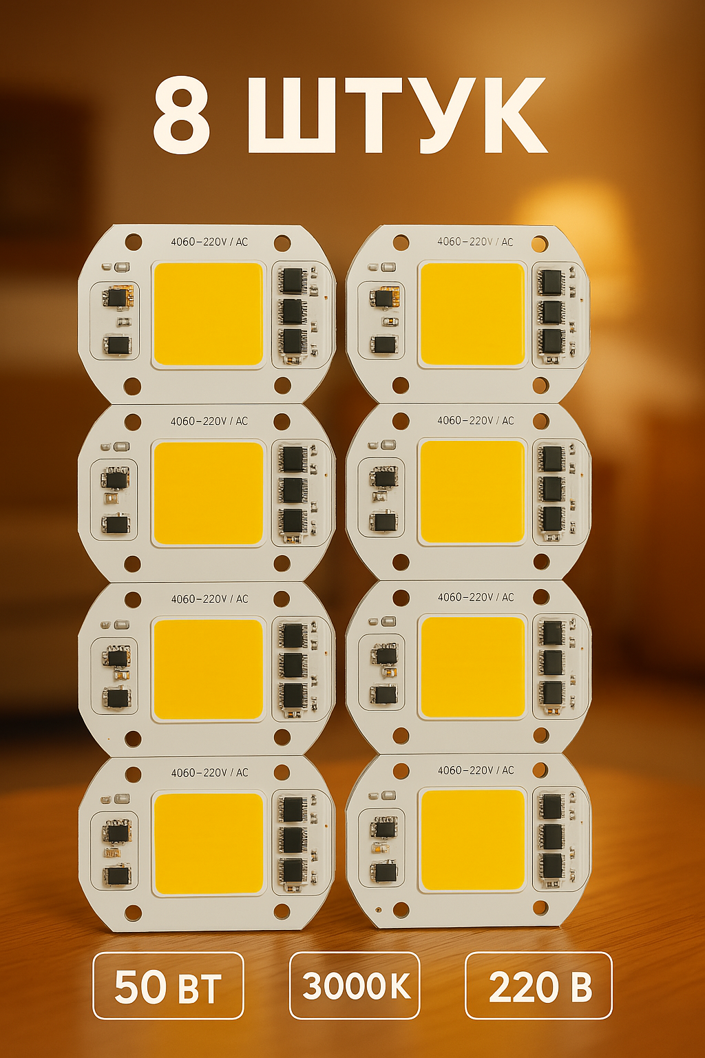 Светодиодная матрица 220V COB размер 60х40 мм 50 Вт теплый белый свет 3000К 8 шт.