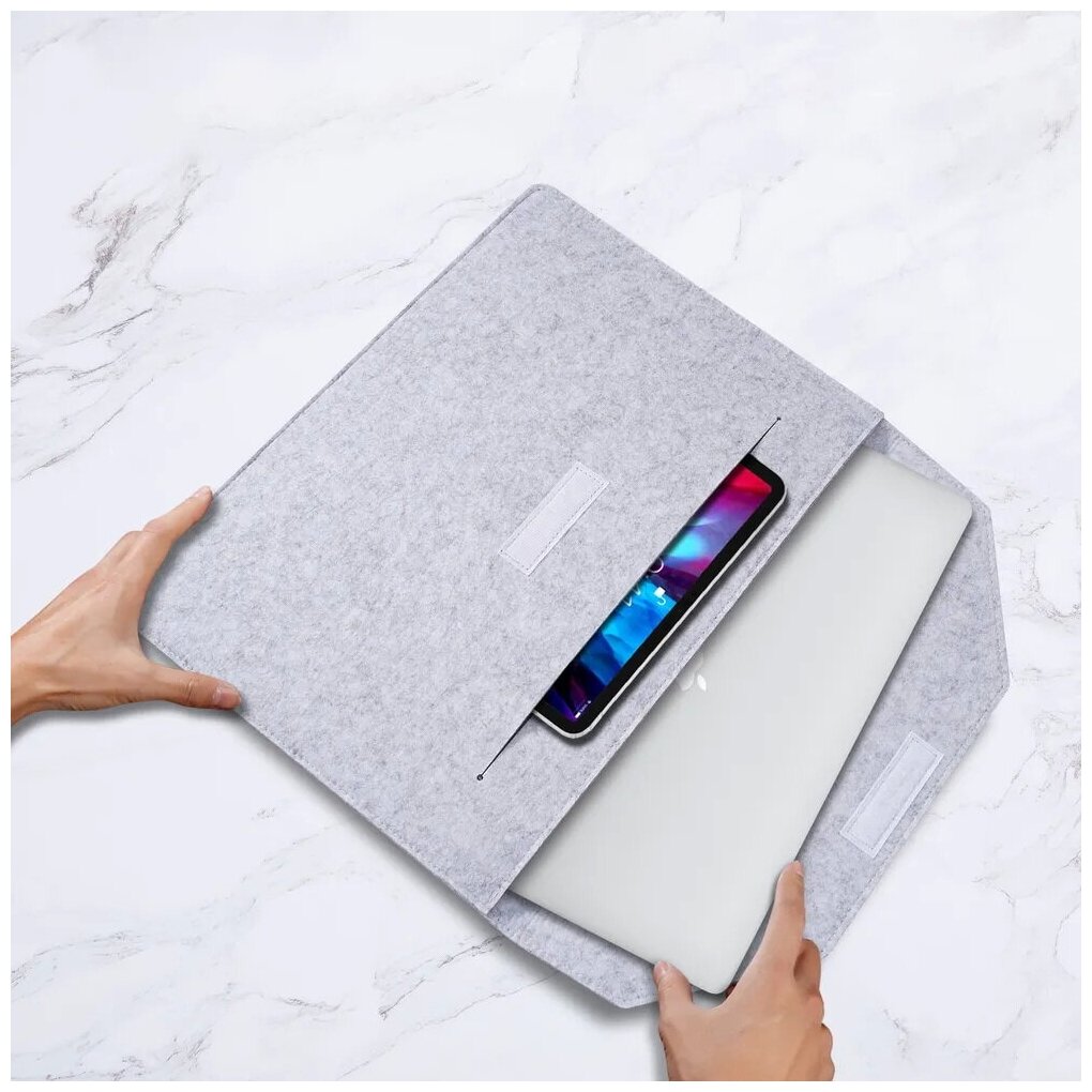 Универсальный чехол-конверт войлочный с липучкой для ноутбука 15.6-16 дюймов, размер 40-28-1 см, светло-серый