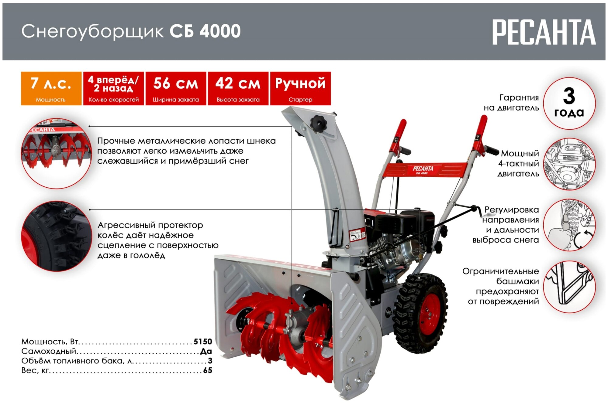 Снегоуборщик бензиновый РЕСАНТА СБ 4000 7 лс