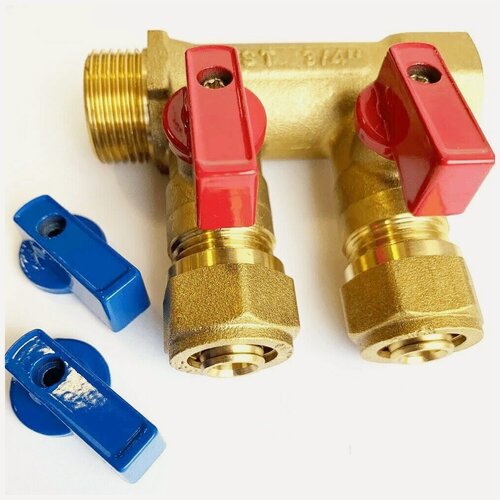 Изображение товара Коллектор 3/4x16x2 с шаровыми кранами 2 вых. для металлопластиковых труб,( красный+синий.)TST