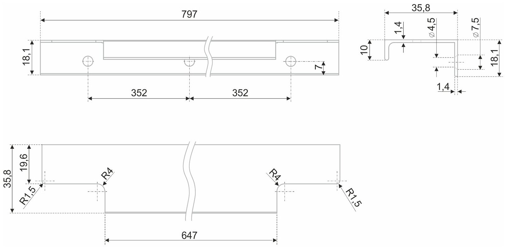 Мебельная ручка торцевая RAY, длина - 797 мм, установочный размер - 704 мм, цвет - GR - Серый, RT109GR - фотография № 2