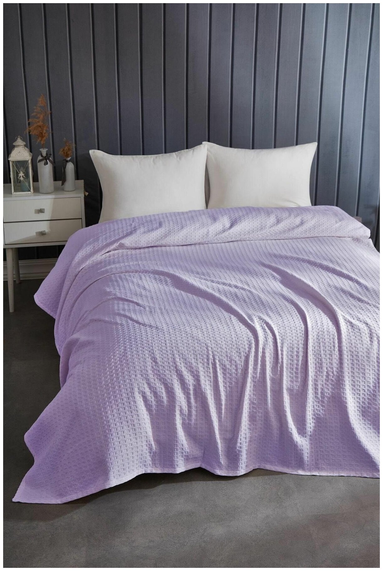 фото Покрывало вафельное 2-спальное на кровать/диван, хлопковый плед, Турция, 100% хлопок, 200*230 см, сиреневый