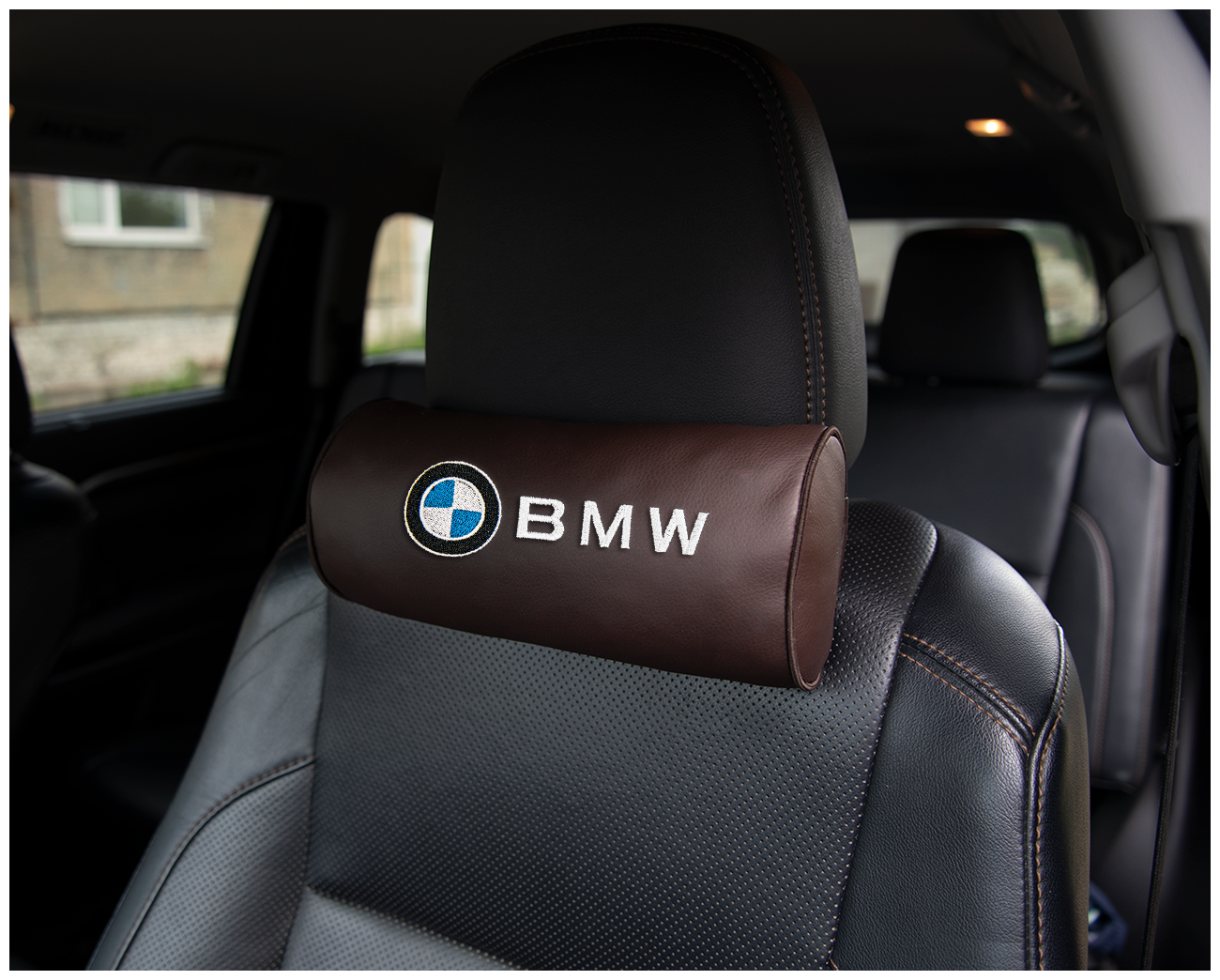 Автомобильная подушка-валик на подголовник экокожа Coffee c вышивкой BMW