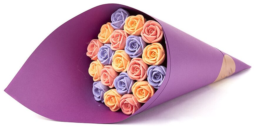 Шоколадный букет из 19 розочек CHOCO STORY, в Фиолетовой подарочной бумаге: Оранжевый, Фиолетовый и Розовый Бельгийский шоколад, 228 гр. B19-F-OFR