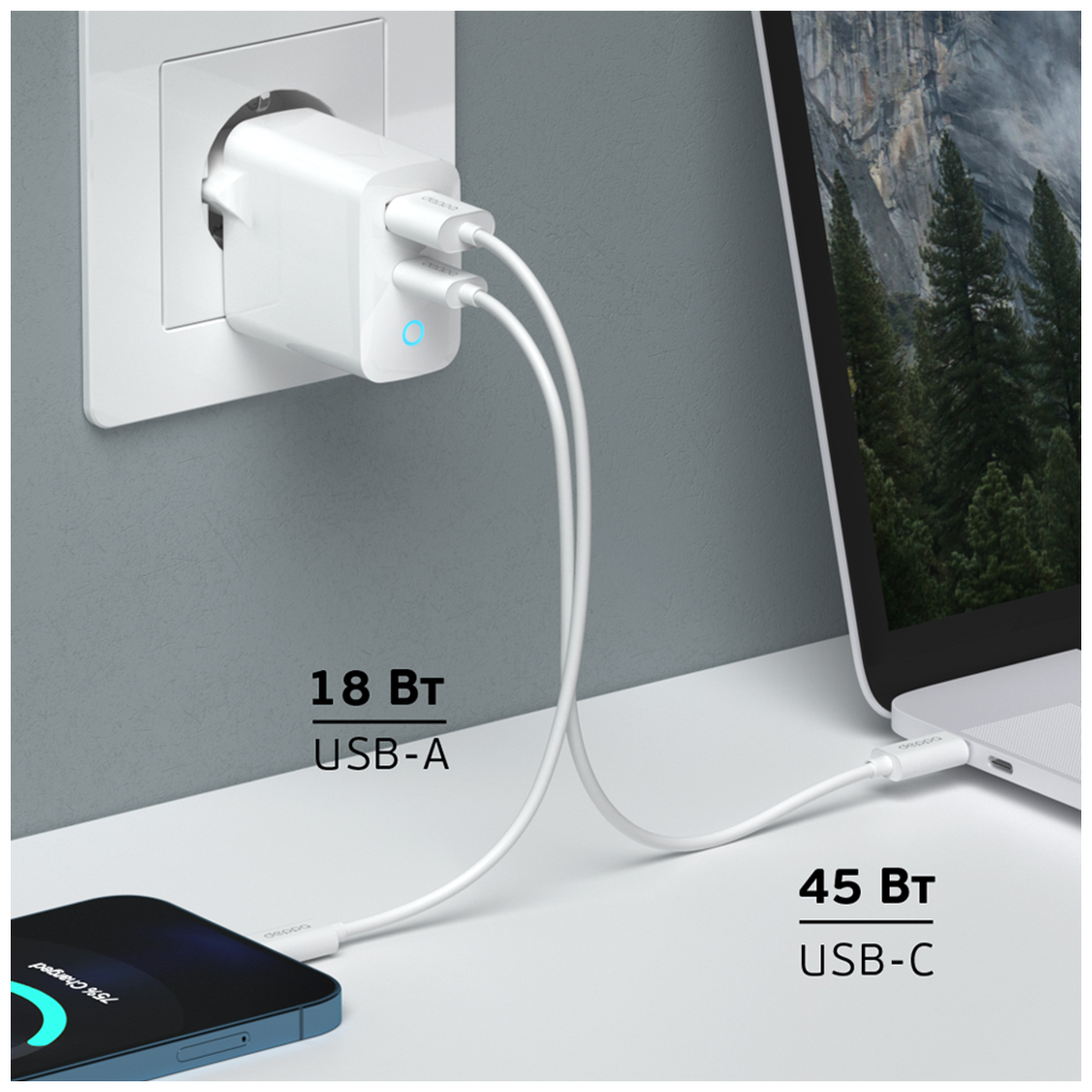 Сетевое зарядное устройство DEPPA 65W, USB + USB type-C, 8-pin Lightning (Apple), 3A, белый - фото №3